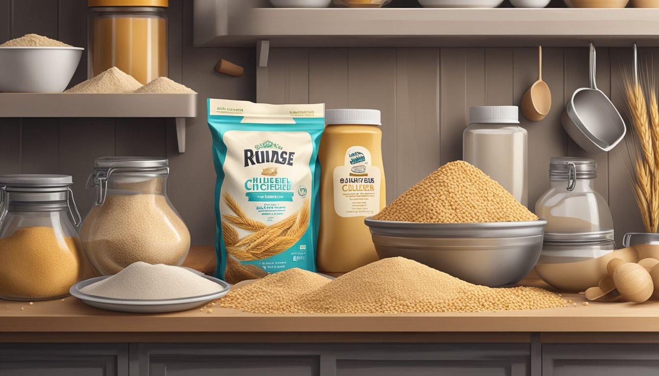 A bag of expired wheat gluten sits on a cluttered kitchen shelf, surrounded by other baking ingredients