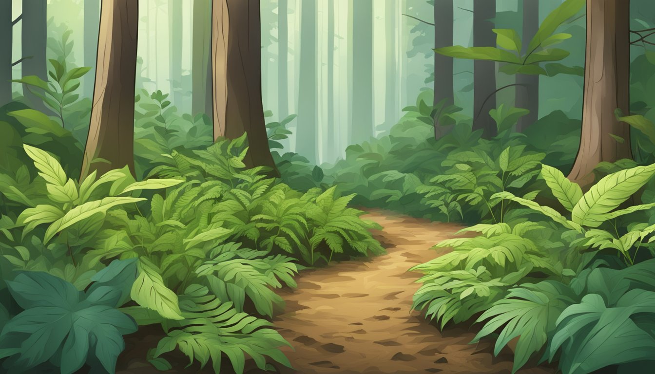 A lush forest floor with wild ramps growing among ferns and fallen leaves