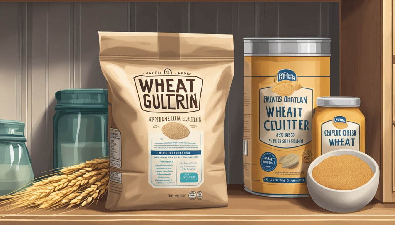 A bag of expired wheat gluten sits on a shelf next to other pantry items. The label is faded and the bag is slightly torn