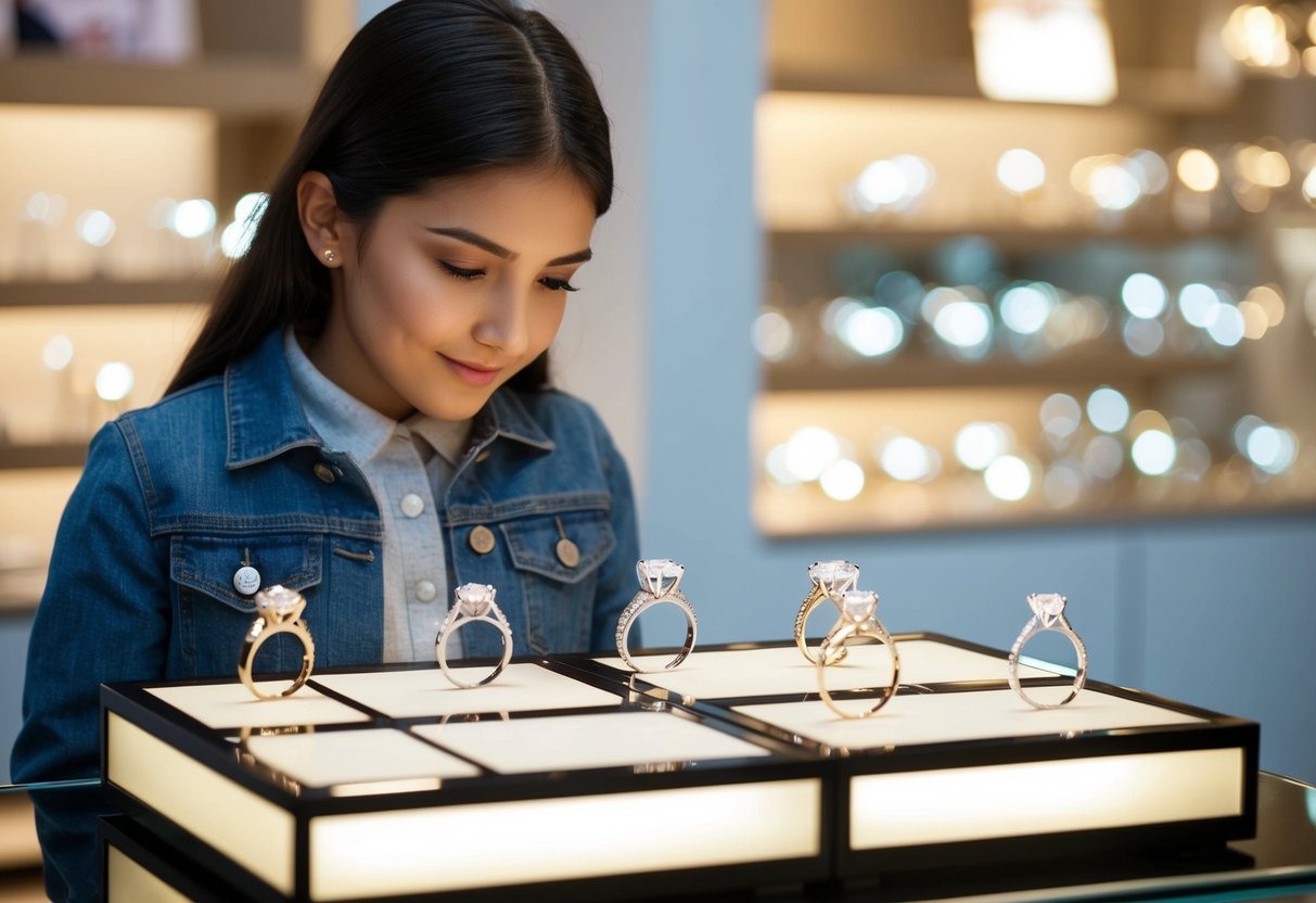 A girl carefully examines a display of sparkling engagement rings, each one reflecting the light in a different way