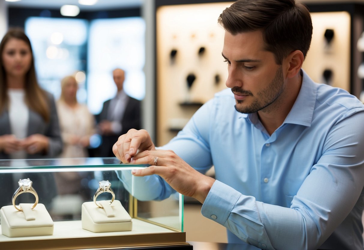 A man carefully selects a sparkling diamond ring from a display case at a jewelry store