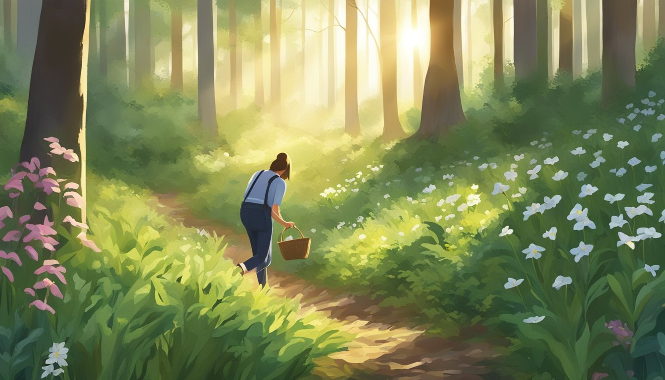 A person picking ramps in a lush forest, surrounded by wildflowers and sunlight filtering through the trees