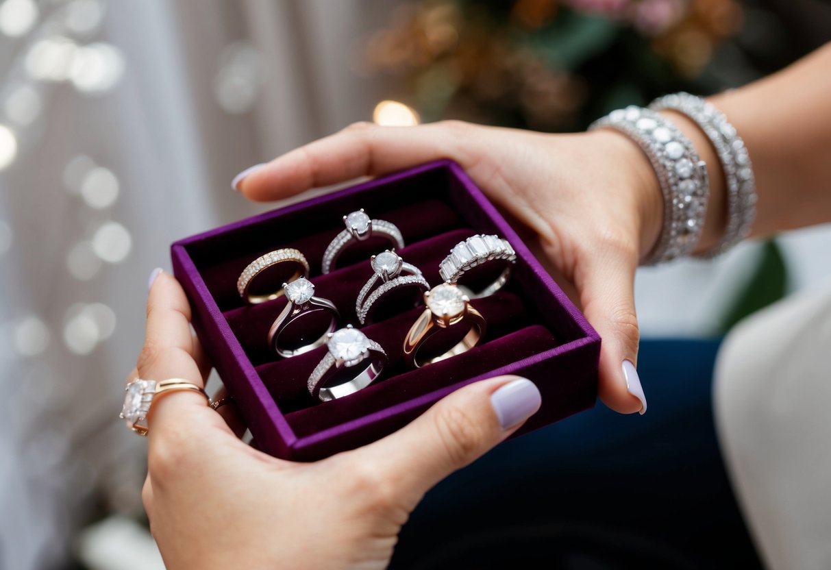 A woman's hand holding a variety of engagement rings, with wedding bands and other jewelry displayed on a velvet-lined tray