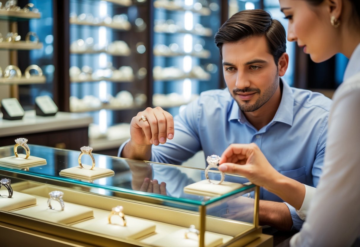 A man carefully examines a selection of engagement rings displayed in a glass case at a jewelry store, with a salesperson offering assistance