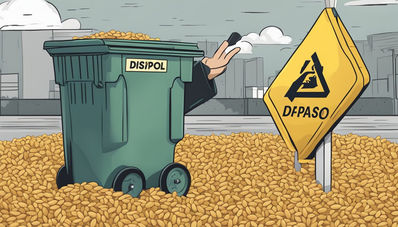 A person throwing expired wheat gluten into a trash bin labeled "Disposal" with a caution sign