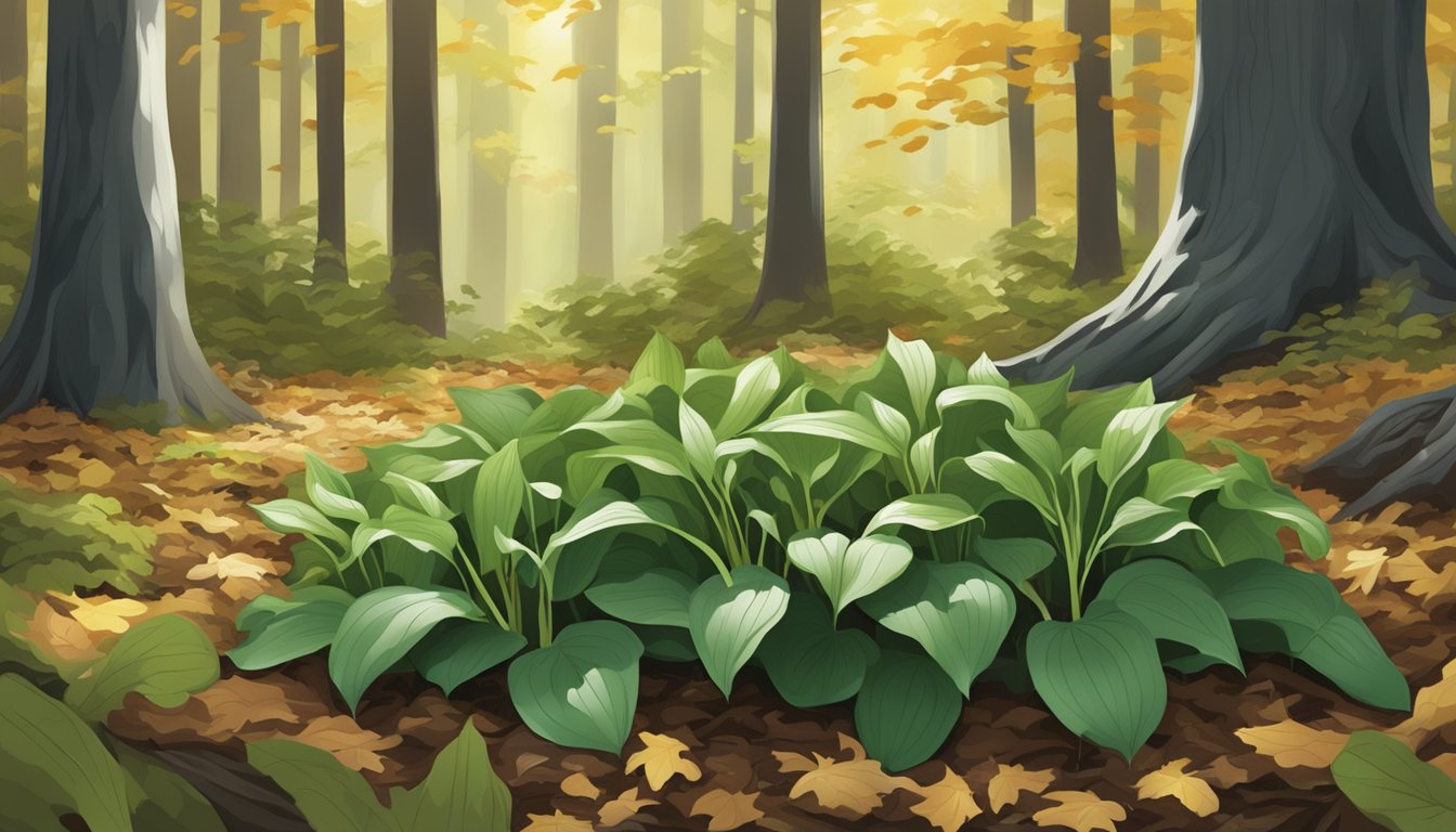 A forest floor with clusters of wild ramps growing among fallen leaves and dappled sunlight