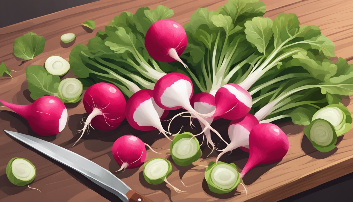 A pile of radishes, some ripe and red, others still small and white, sit on a wooden cutting board. A knife slices into one, revealing its unripe interior