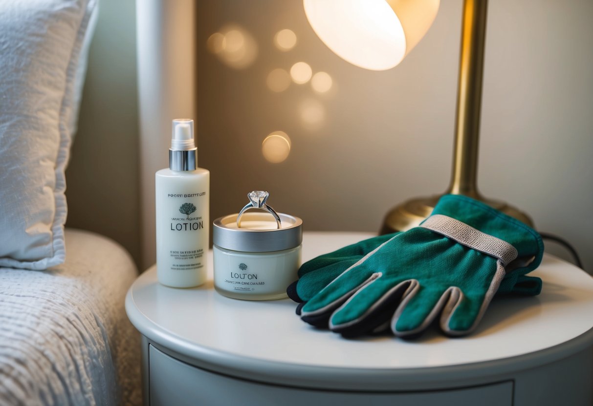 A woman's engagement ring sits on a bedside table, next to a bottle of lotion and a pair of gardening gloves