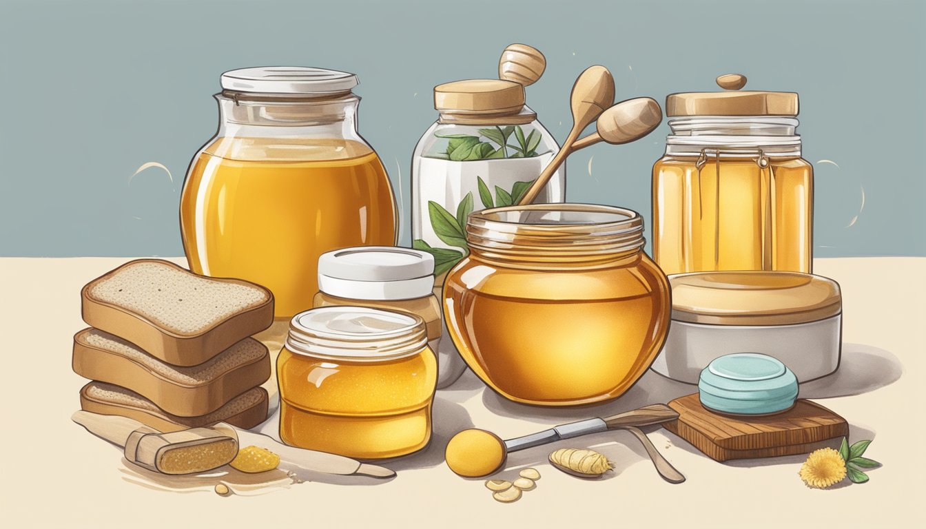 A jar of honey surrounded by various items such as tea, toast, and skincare products, indicating its versatile uses