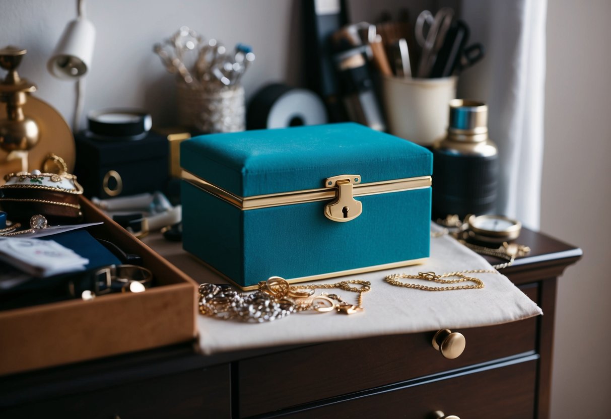 A jewelry box with a locked latch sits on a dresser, surrounded by clutter and everyday items