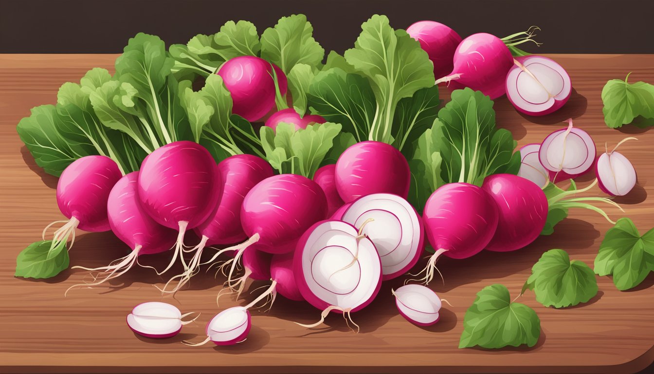 A vibrant bunch of radishes, some whole and others sliced, arranged on a wooden cutting board with scattered green leaves