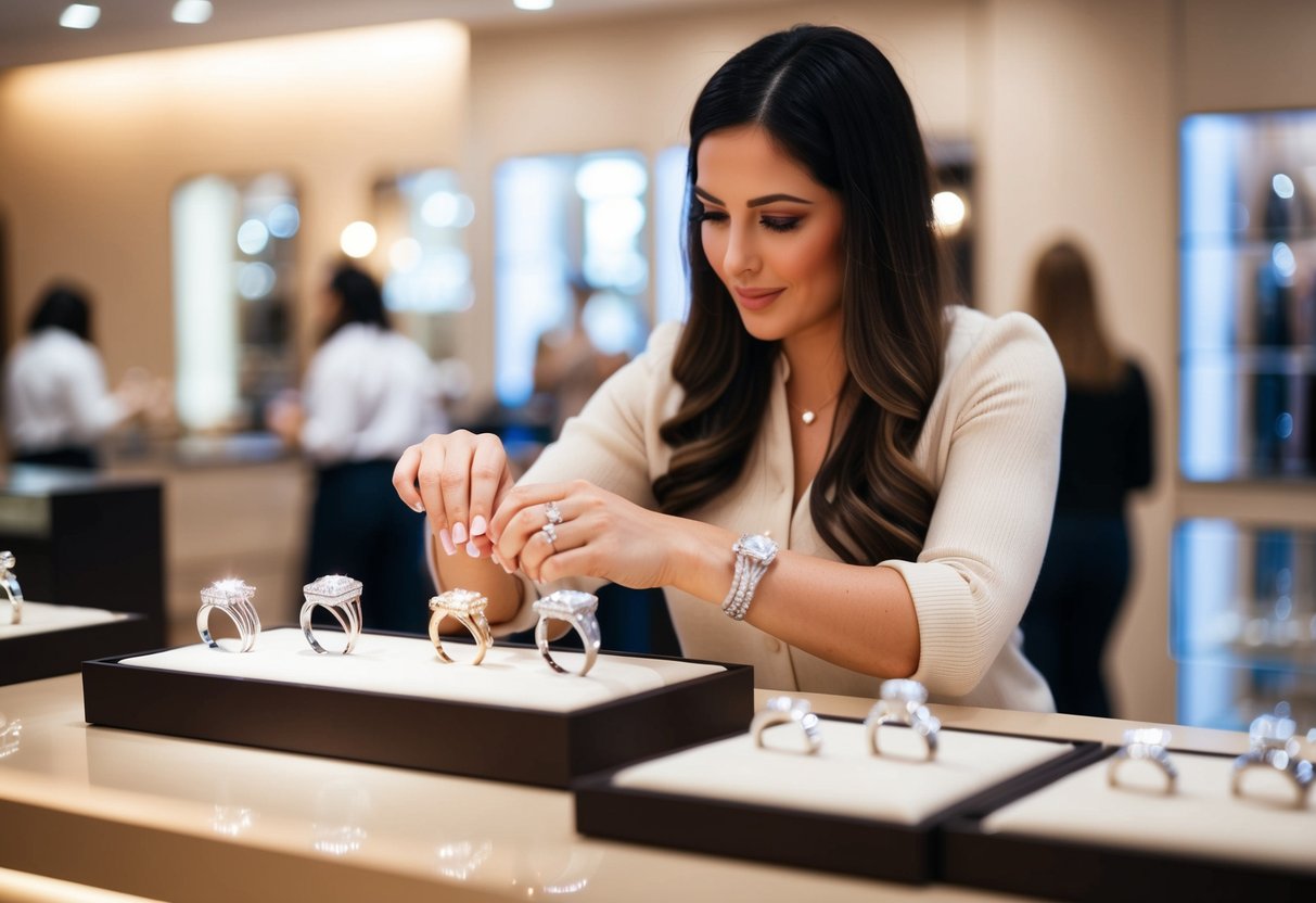 A woman carefully examines a display of sparkling engagement rings in a jewelry store