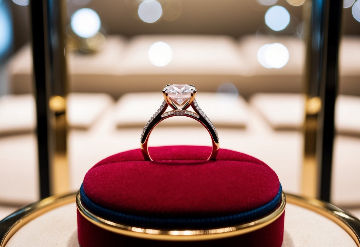 A sparkling diamond ring displayed on a velvet cushion in a luxurious jewelry store