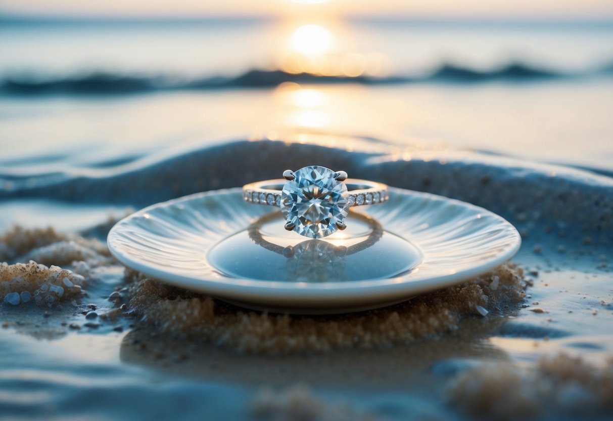A diamond ring sits on a delicate dish, surrounded by water, sand, and extreme weather elements