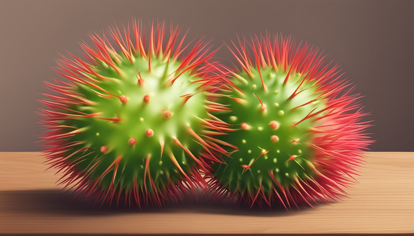 A ripe rambutan, with its spiky red skin and green hairs, sits on a wooden cutting board