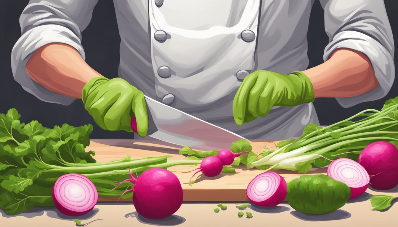 A chef slicing unripe radishes for pickling