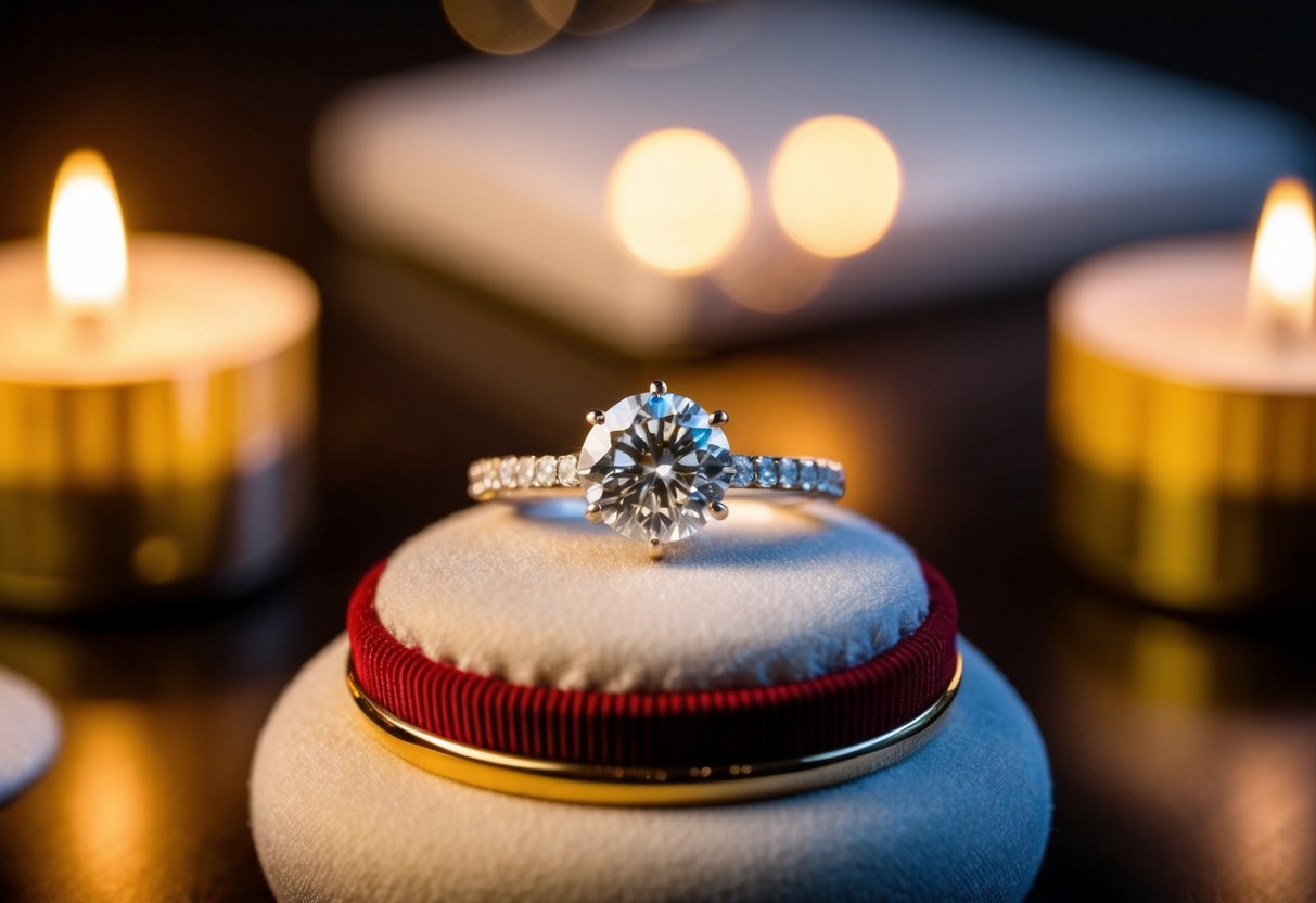 A sparkling diamond ring rests on a velvet cushion, illuminated by soft candlelight