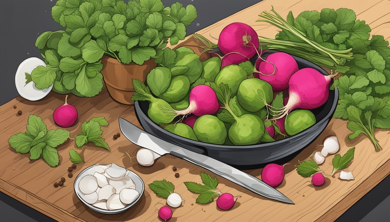 A bowl of unripe radishes next to a knife and cutting board, with various herbs and spices scattered around for flavor enhancement