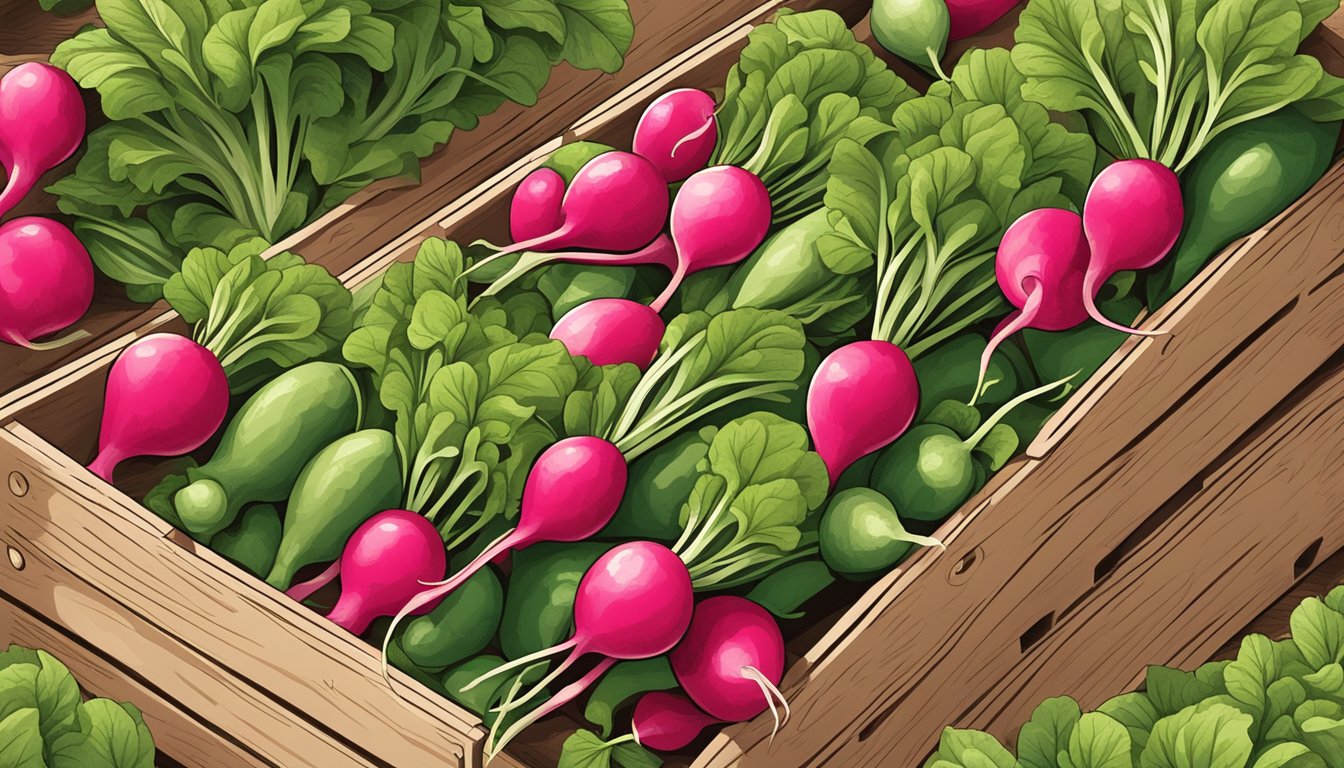 A pile of unripe radishes in a wooden crate, with a question mark above them