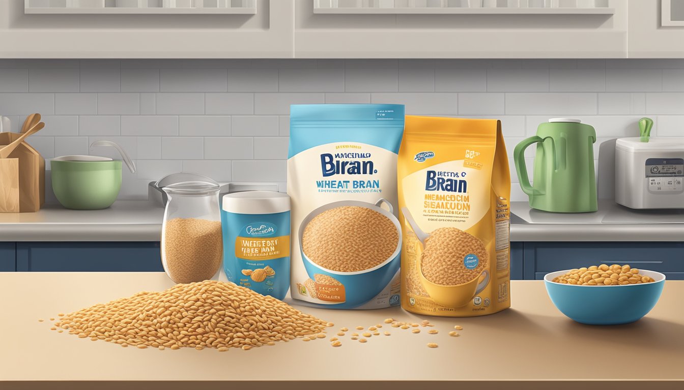 A bag of expired wheat bran sitting on a kitchen counter next to a box of cereal and a measuring cup