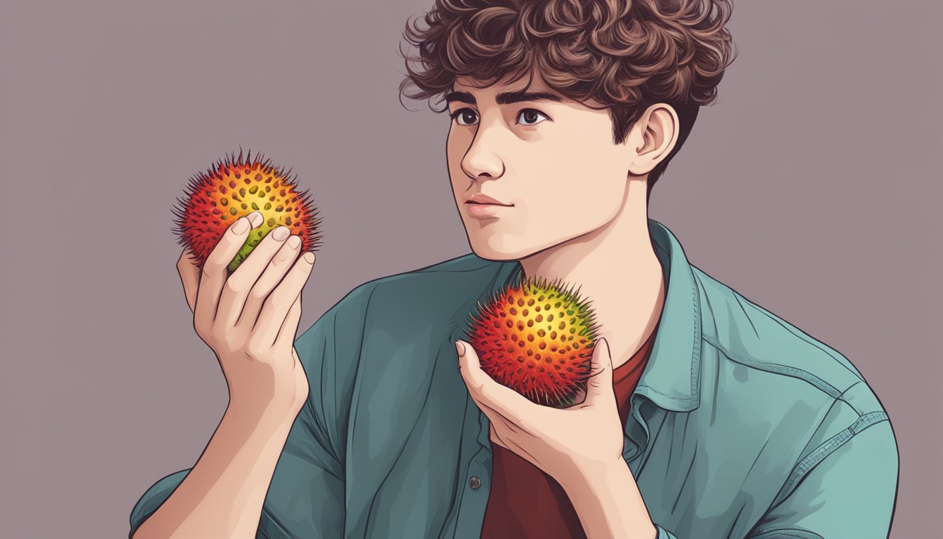 A person holding a rambutan and looking at it with a questioning expression