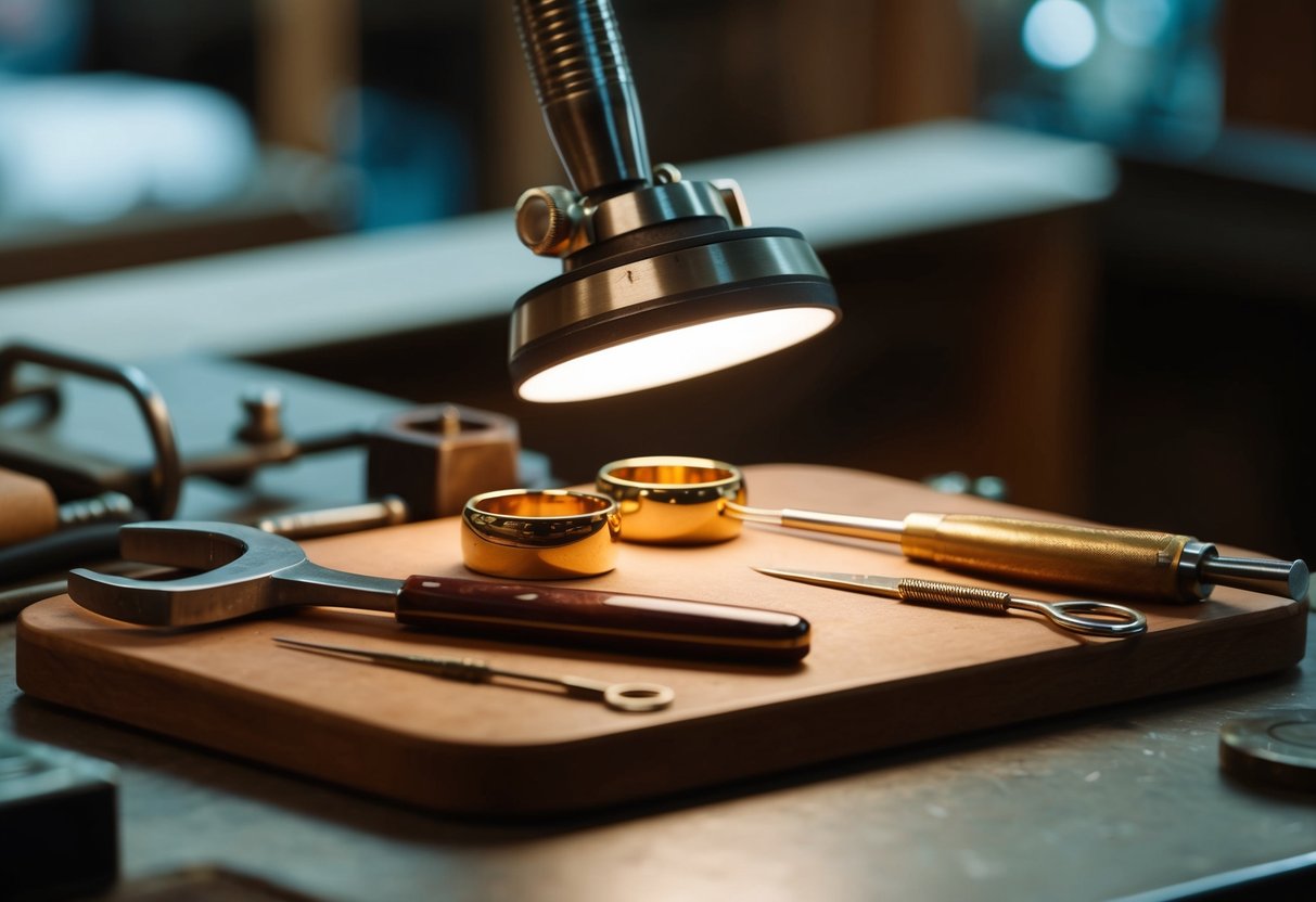 A jeweler's workbench with gold rings and tools