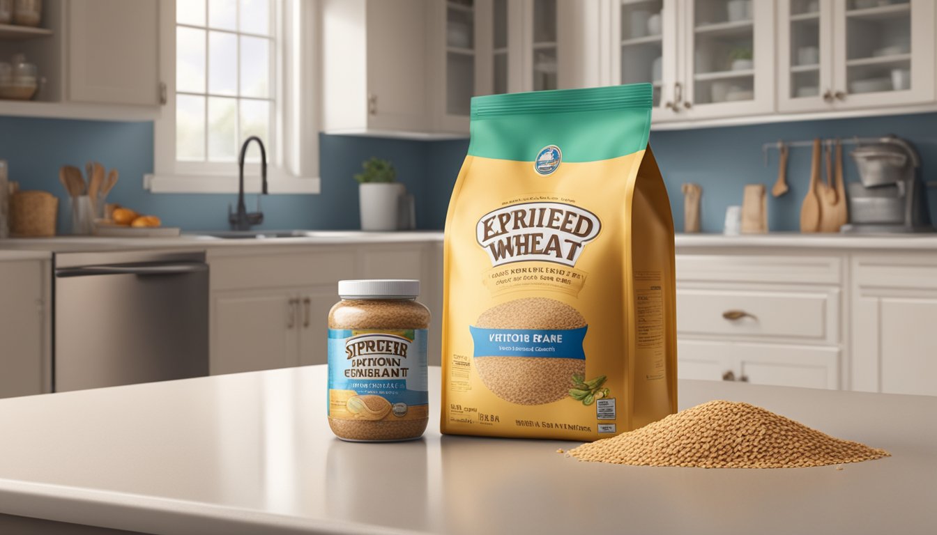 A bag of expired wheat bran sitting on a kitchen counter, with a visible expiration date and a concerned person looking at it