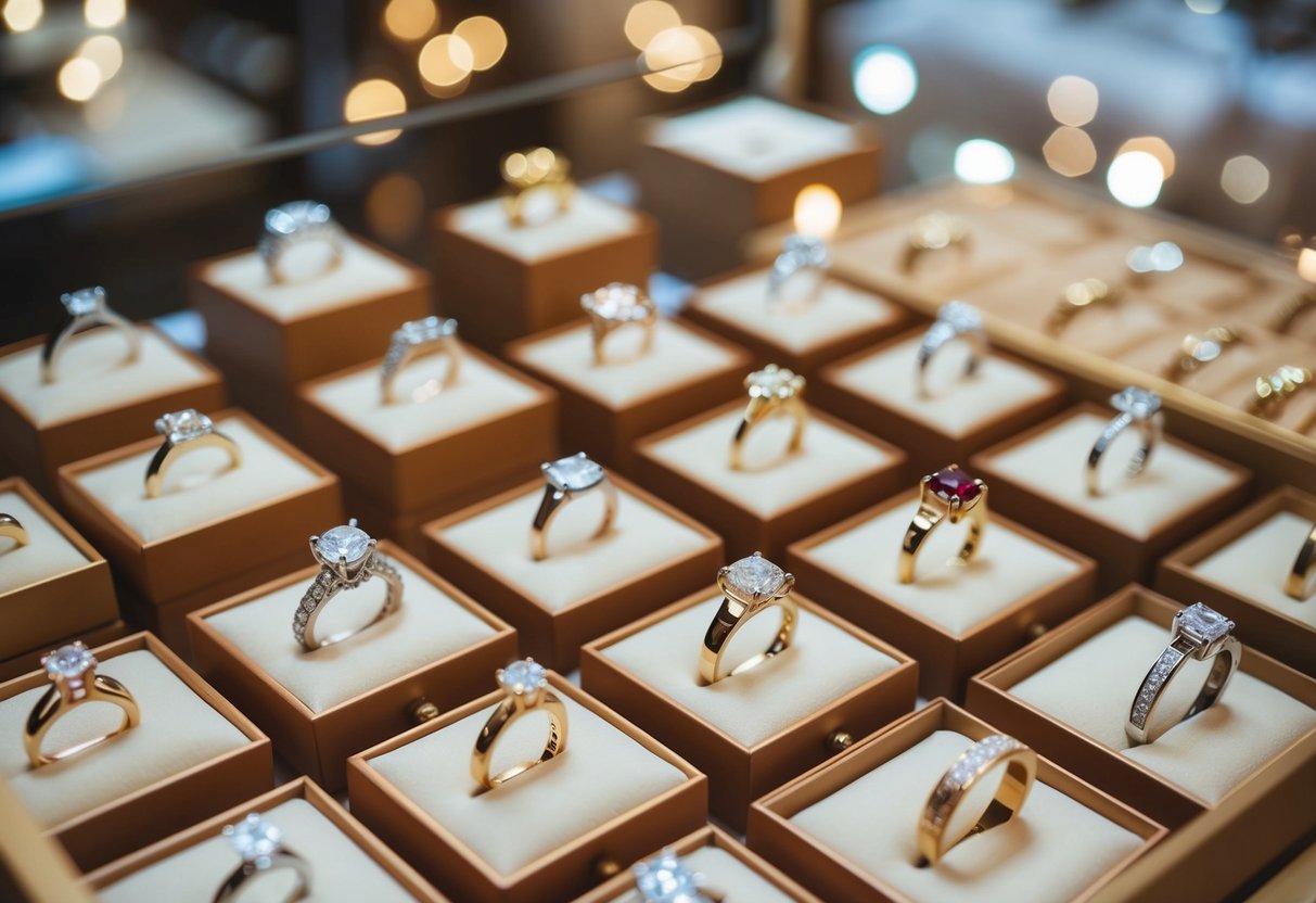 A jewelry store display with various engagement rings in 2024