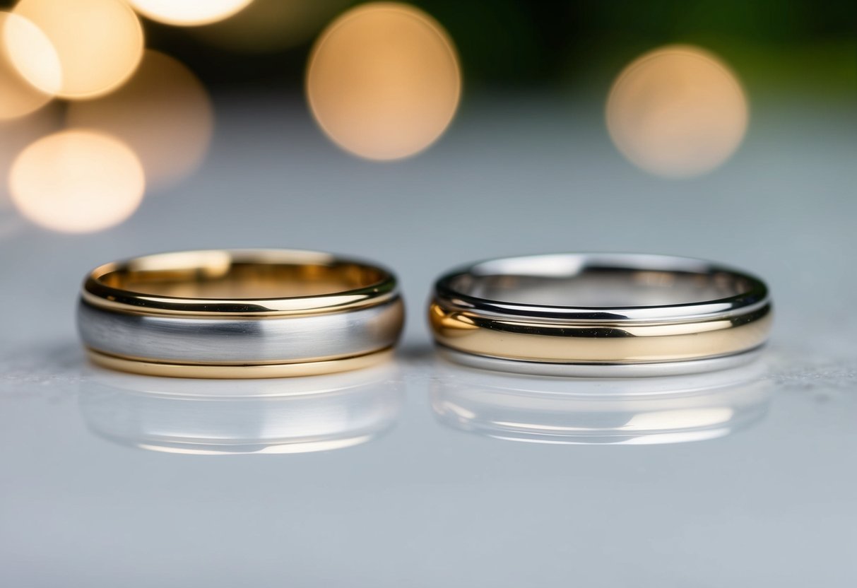 A wedding band made of 14k and 18k white gold side by side, showing signs of wear and tear to illustrate durability and wearability