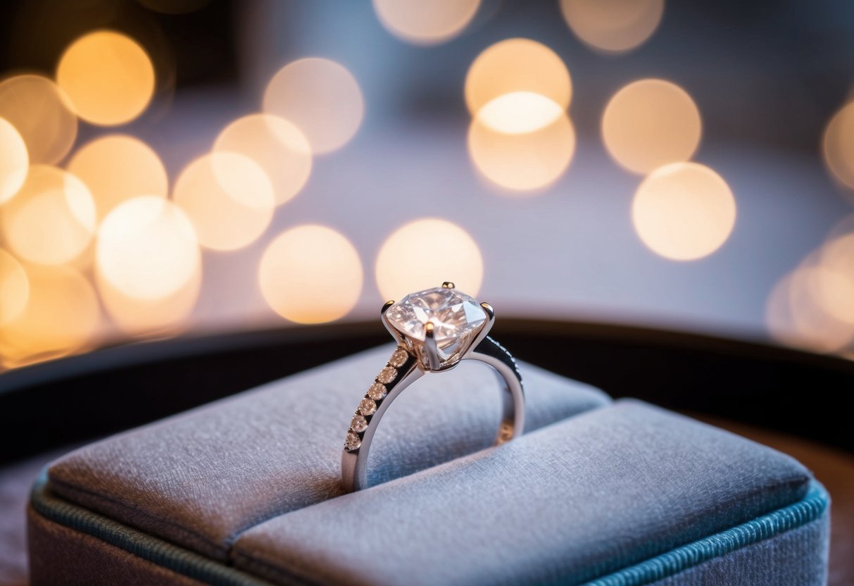 A diamond ring displayed on a velvet cushion with soft lighting