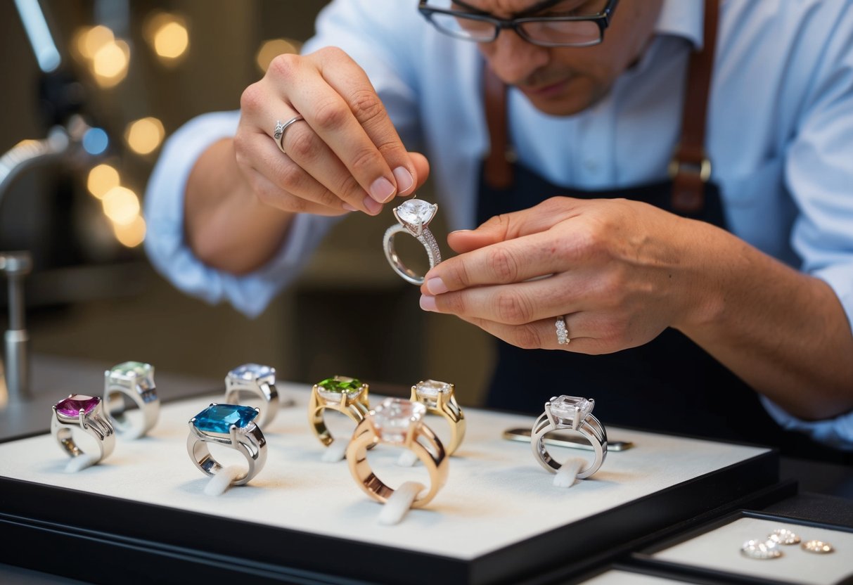 A jeweler carefully crafting a custom engagement ring with various gemstones and metal options displayed on a table