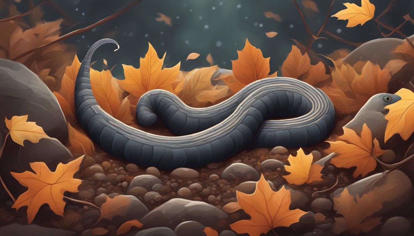 An earthworm emerges from damp soil, surrounded by fallen leaves and small twigs. It moves gracefully, its segmented body glistening in the soft light