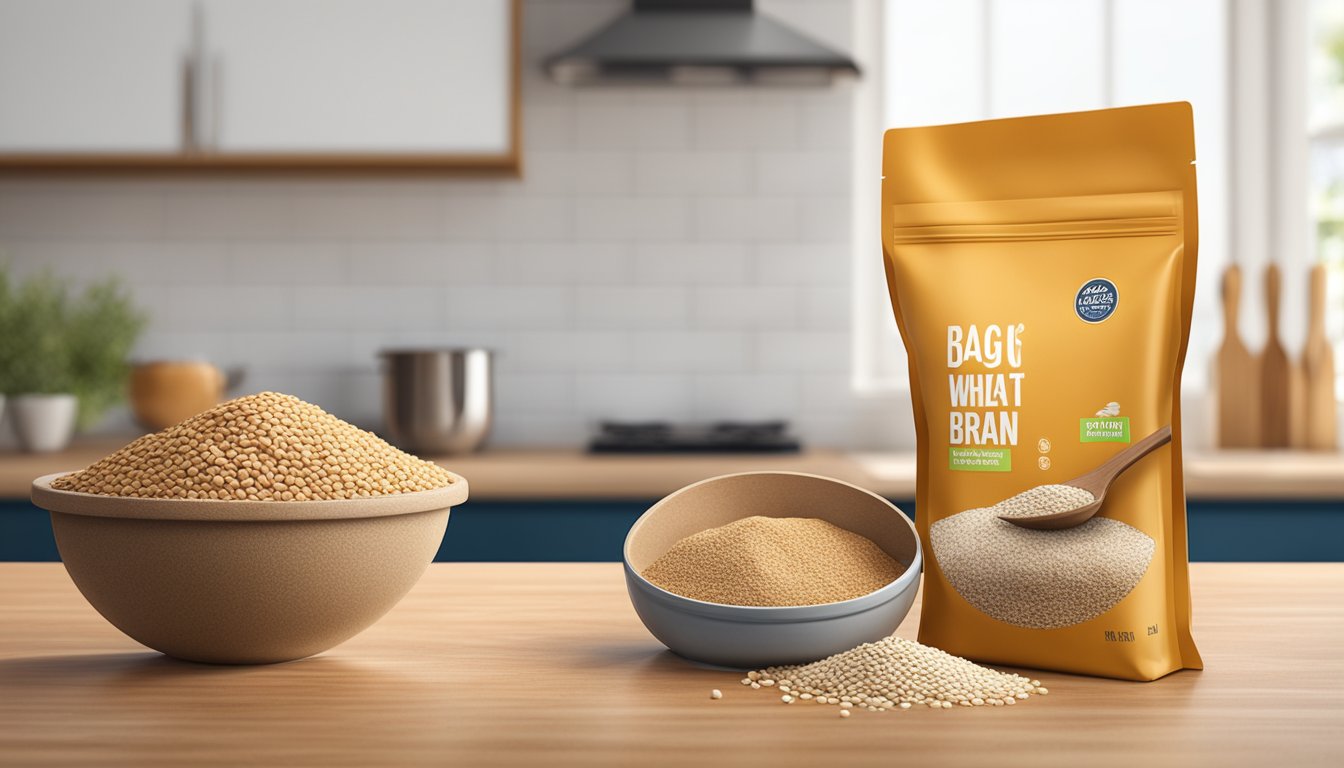 A bag of expired wheat bran sits on a kitchen counter, next to a variety of alternative grains and cereals