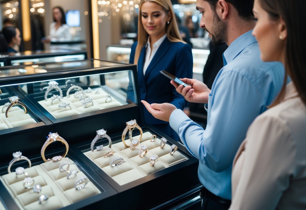 A jeweler's display case filled with sparkling engagement rings of various sizes and designs. Customers browsing and discussing prices with the salesperson