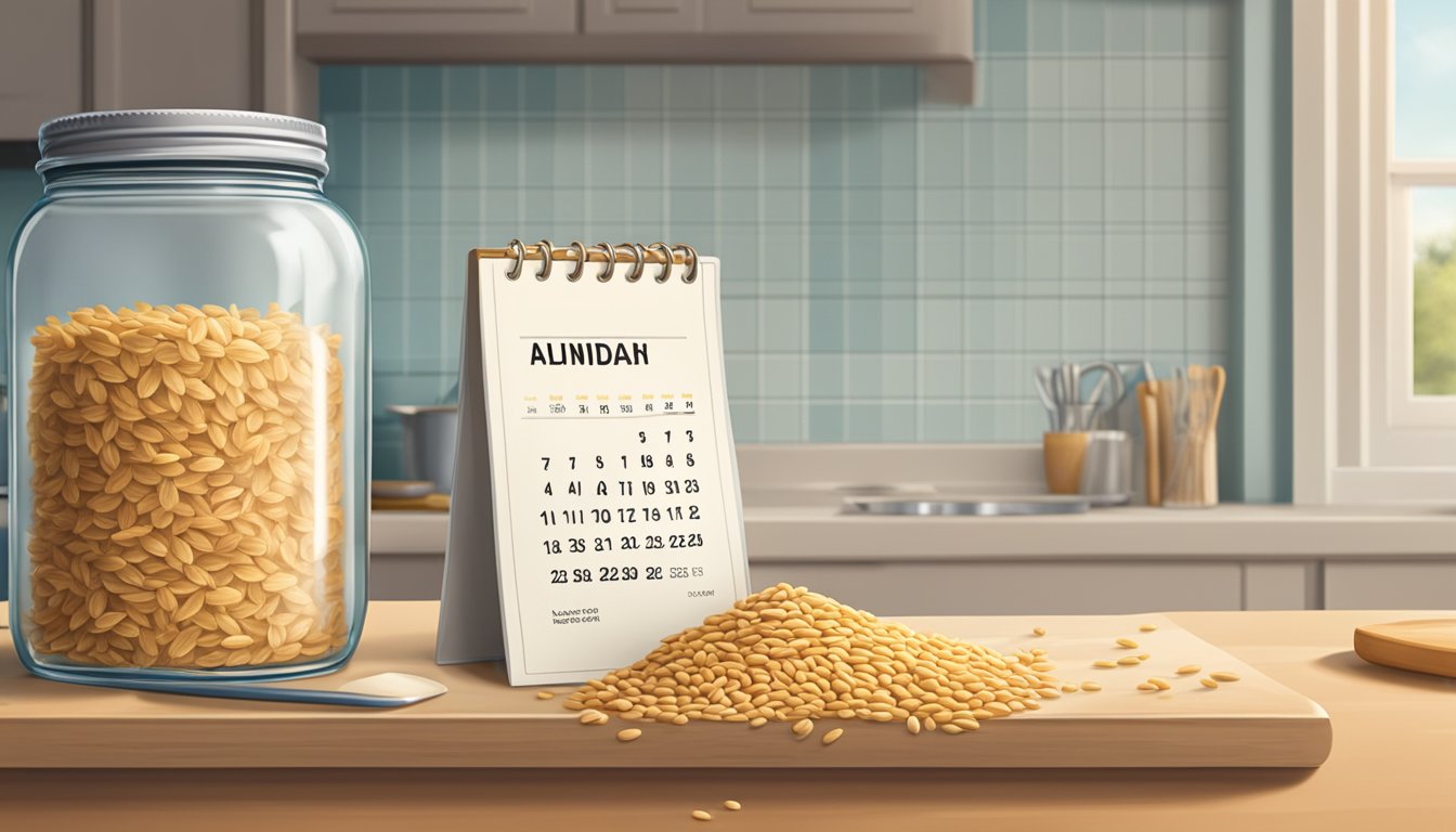 A jar of expired wheat germ sitting on a kitchen counter next to a calendar showing the past date