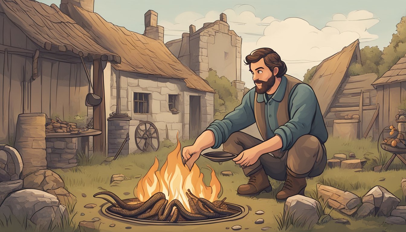 A person holding a earthworm in their hand, surrounded by a historical setting, such as a medieval kitchen or a primitive campfire