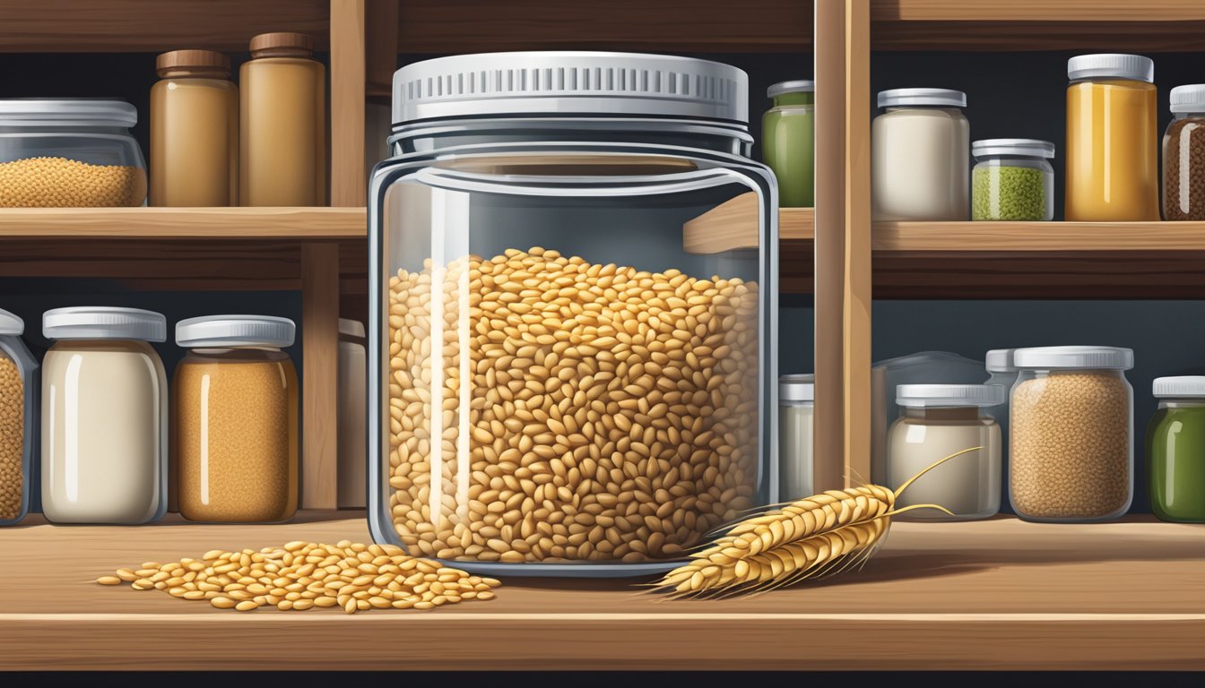 A jar of expired wheat germ next to a storage shelf with other food items. The expiration date is clearly visible on the jar