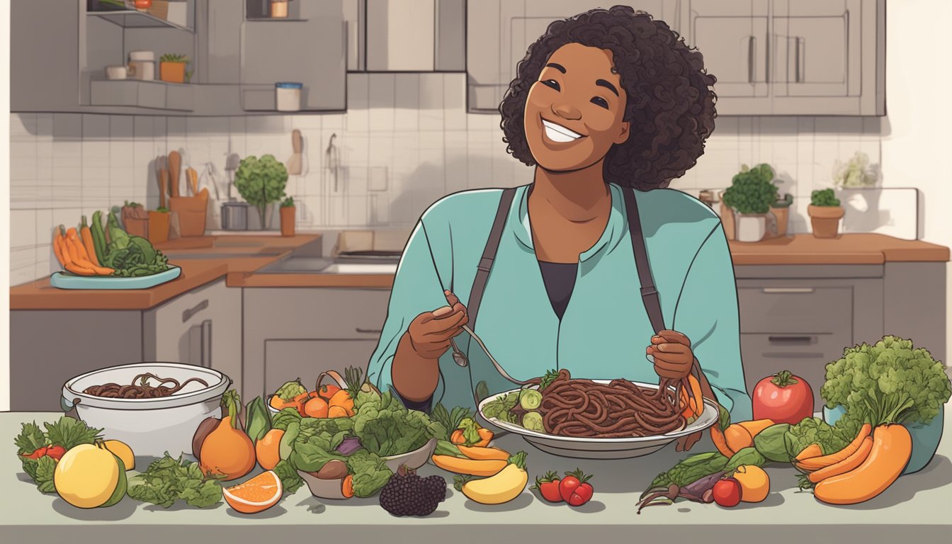 A person holding a plate of cooked earthworms, surrounded by various fruits and vegetables. The person is smiling and appears to be enjoying the meal