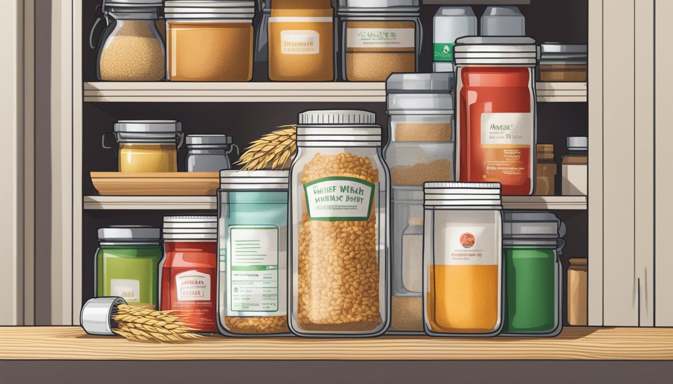 A jar of expired wheat germ sits on a kitchen shelf, surrounded by other pantry items. The expiration date on the label is clearly crossed out with a red marker