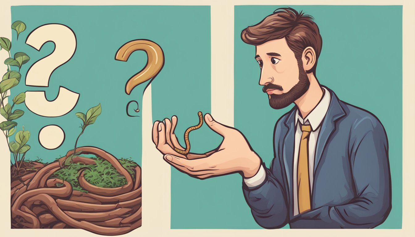 A person holding a earthworm in one hand and a question mark in the other, with a puzzled expression on their face