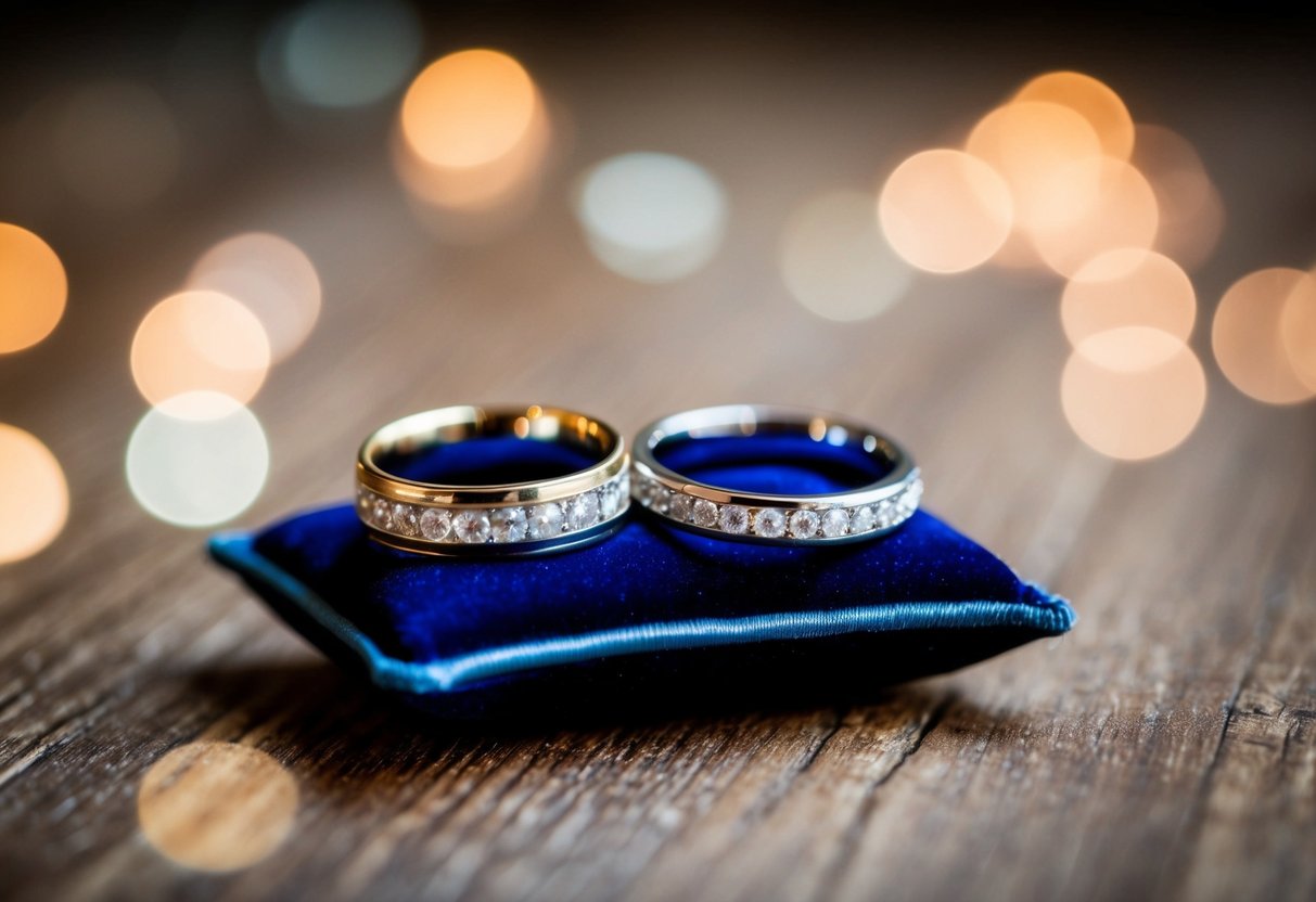 Two wedding rings resting on a velvet cushion