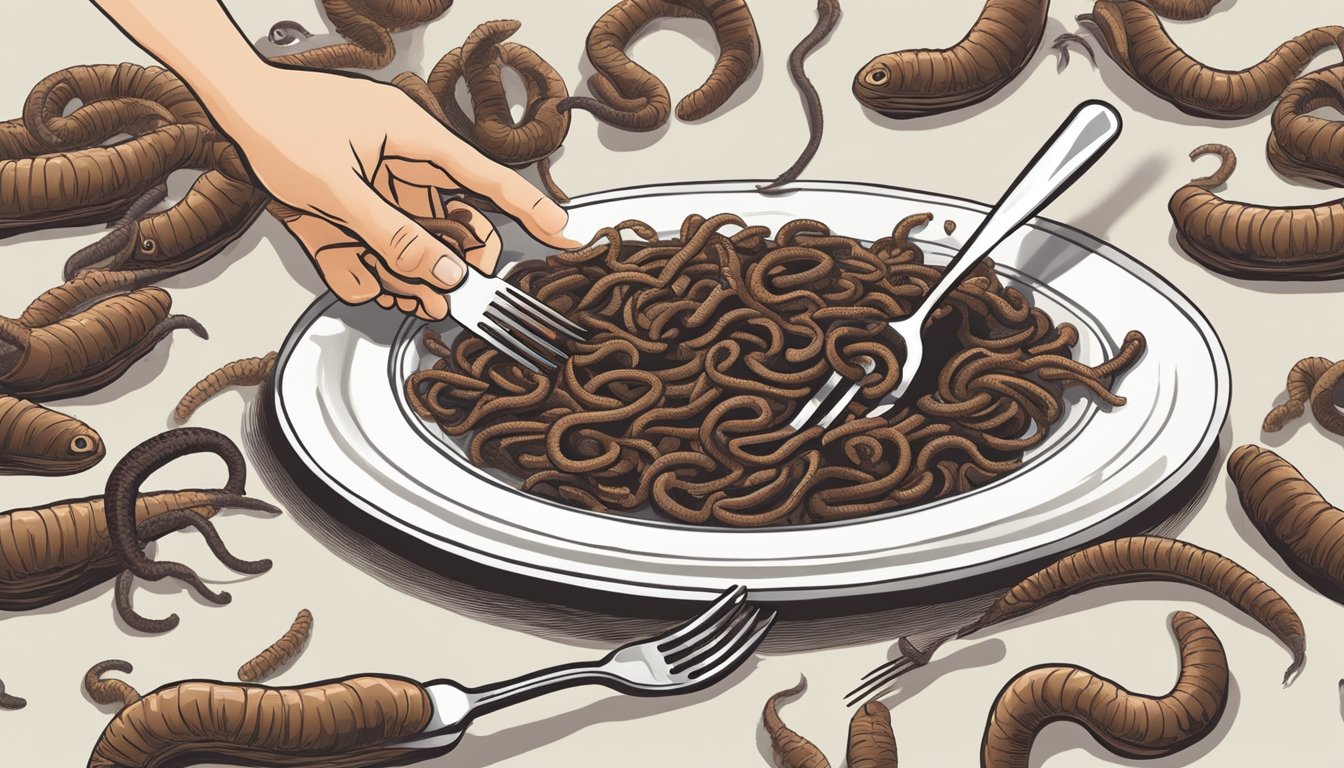 A hand holding a fork hovers over a plate of cooked earthworms. A question mark hovers over the scene