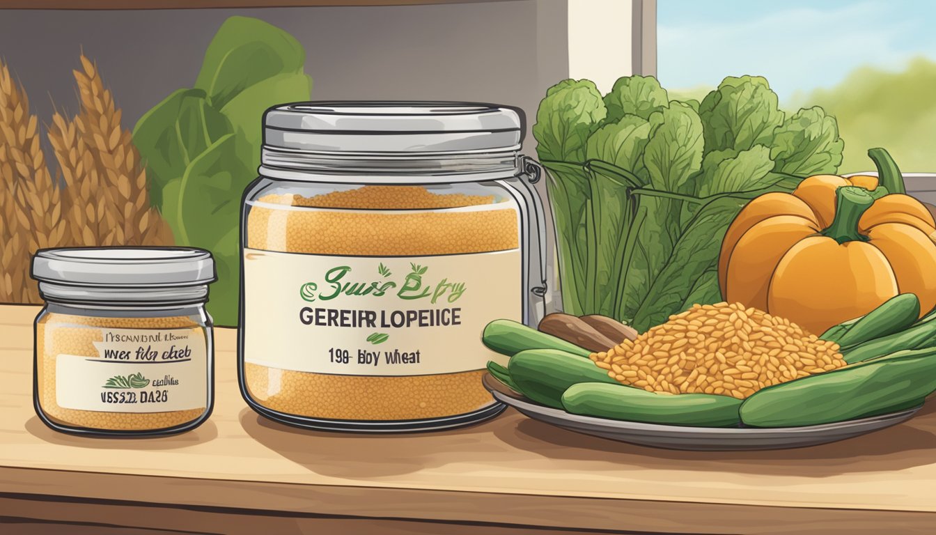 A jar of expired wheat germ next to a bowl of fresh produce, with a "use by" date clearly visible on the label