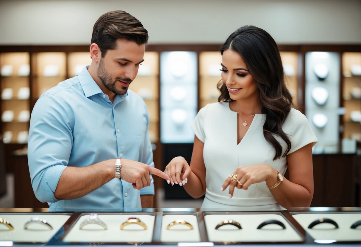 A man and a woman stand side by side, examining a display of wedding bands in a jewelry store. They appear to be discussing their options and pointing to different rings