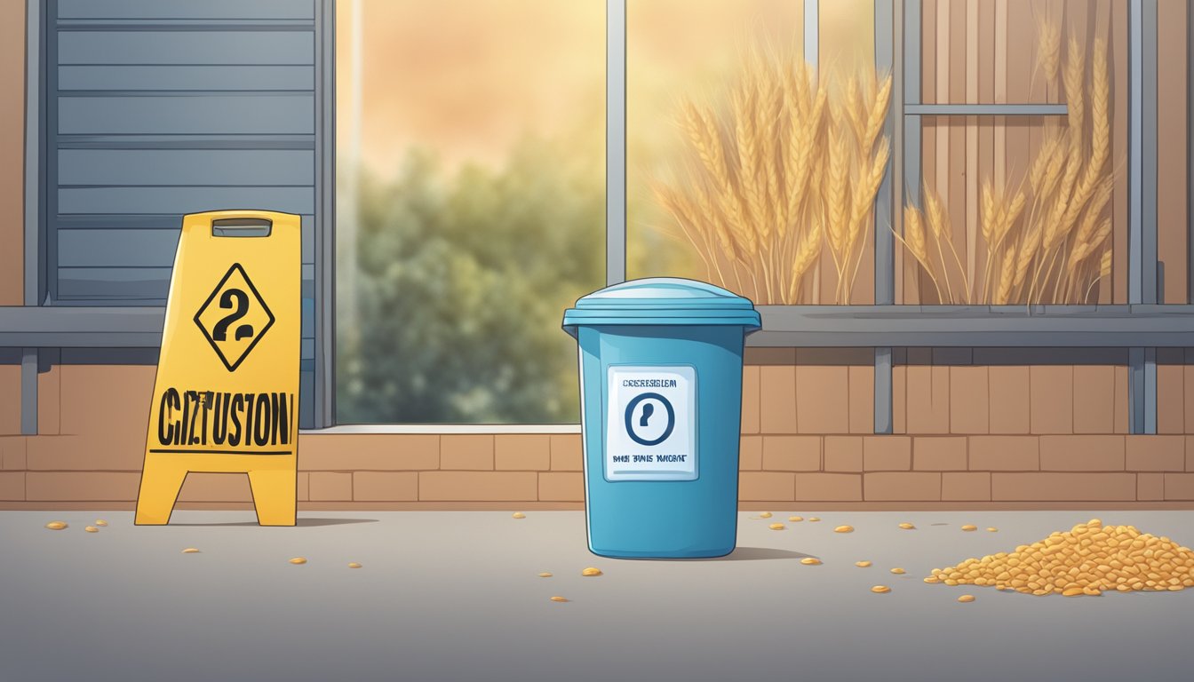 A jar of expired wheat germ next to a trash can, with a caution sign and a question mark above it