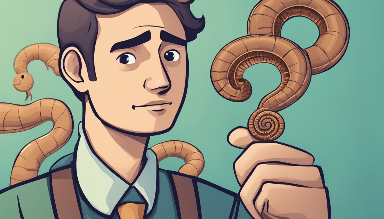 A person holding an earthworm in one hand and a question mark in the other, with a puzzled expression on their face