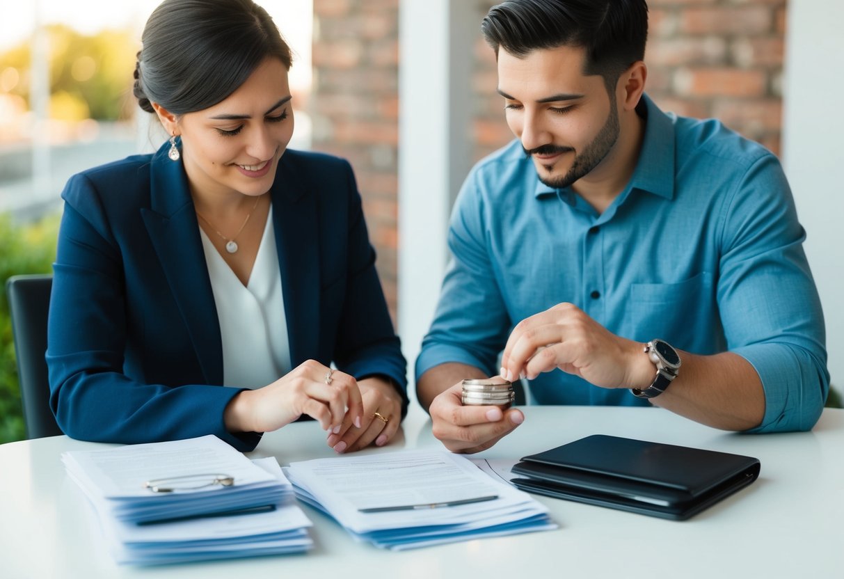 A couple sitting at a table, discussing wedding bands while looking at a stack of financial documents