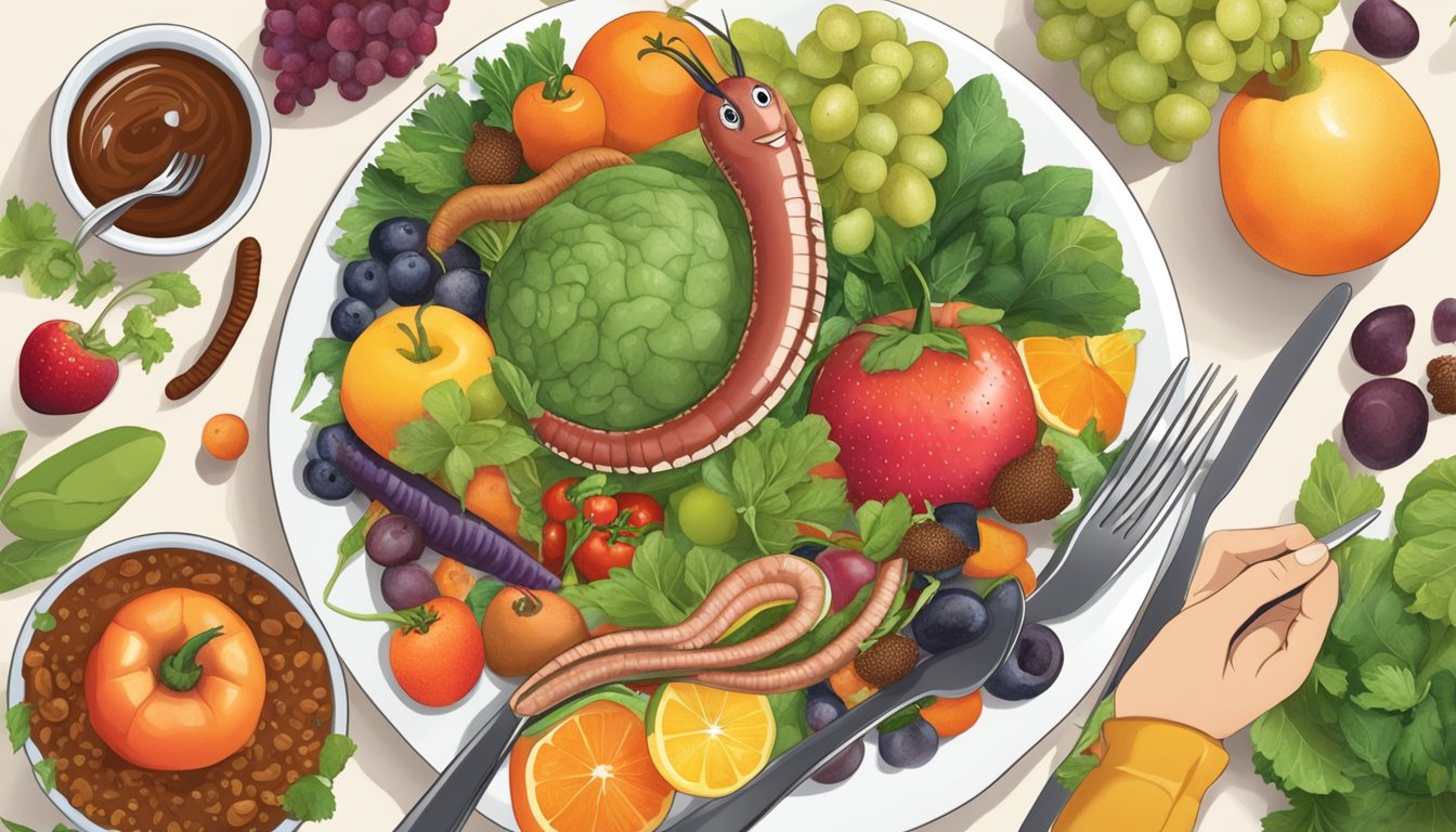 A person holding a fork with a cooked earthworm on it, surrounded by a variety of fruits and vegetables on a plate