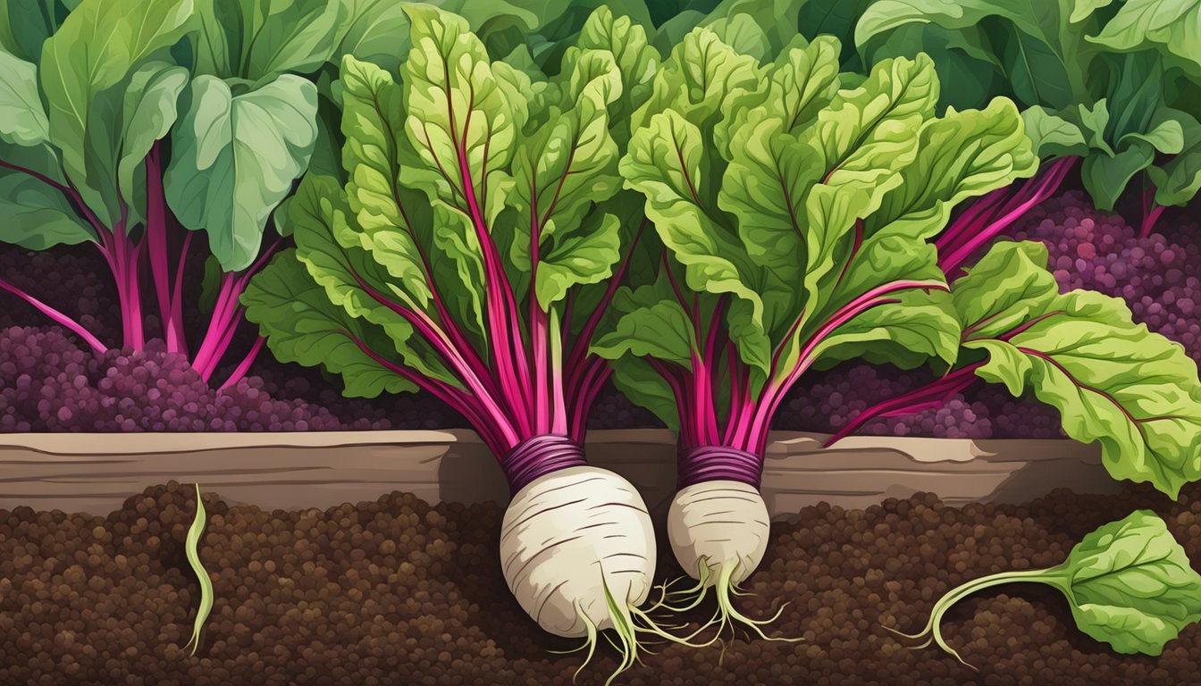 A vibrant beet plant with lush green leaves and deep red roots, surrounded by other colorful vegetables in a garden bed