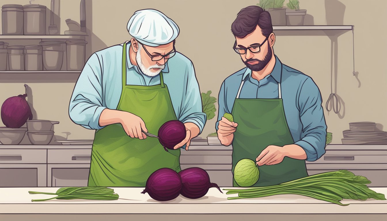 A person cutting into an unripe beet, with a concerned expression as they examine the firm, pale flesh inside